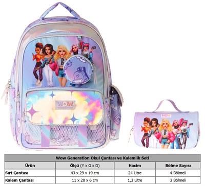 Wow Generation Very Nice Kız Çocuk (Lila) İlkokul Okul Çantası ve Kalemlik Seti - SETWG-W6080C