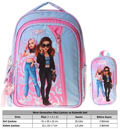 Wow Generation Wonderful Kız Çocuk (Pembe - Turkuaz) İlkokul Okul Çantası ve Kalemlik Seti - SETWG-W6069C