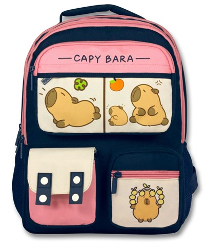Capybara (Lacivert - Pembe) Kız Çocuk Çok Cepli İlkokul Okul Sırt Çantası - 6212