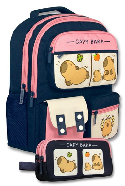 Capybara (Lacivert - Pembe) Kız Çocuk Çok Cepli İlkokul Çantası ve Kalemlik Seti - SETCPB6212C