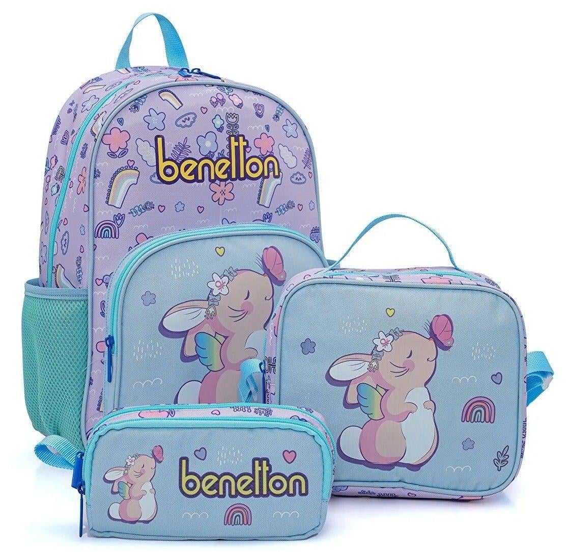 Benetton Turkuaz Mor Tavşan Baskılı Kız Çocuk Okul Çanta Seti 21033