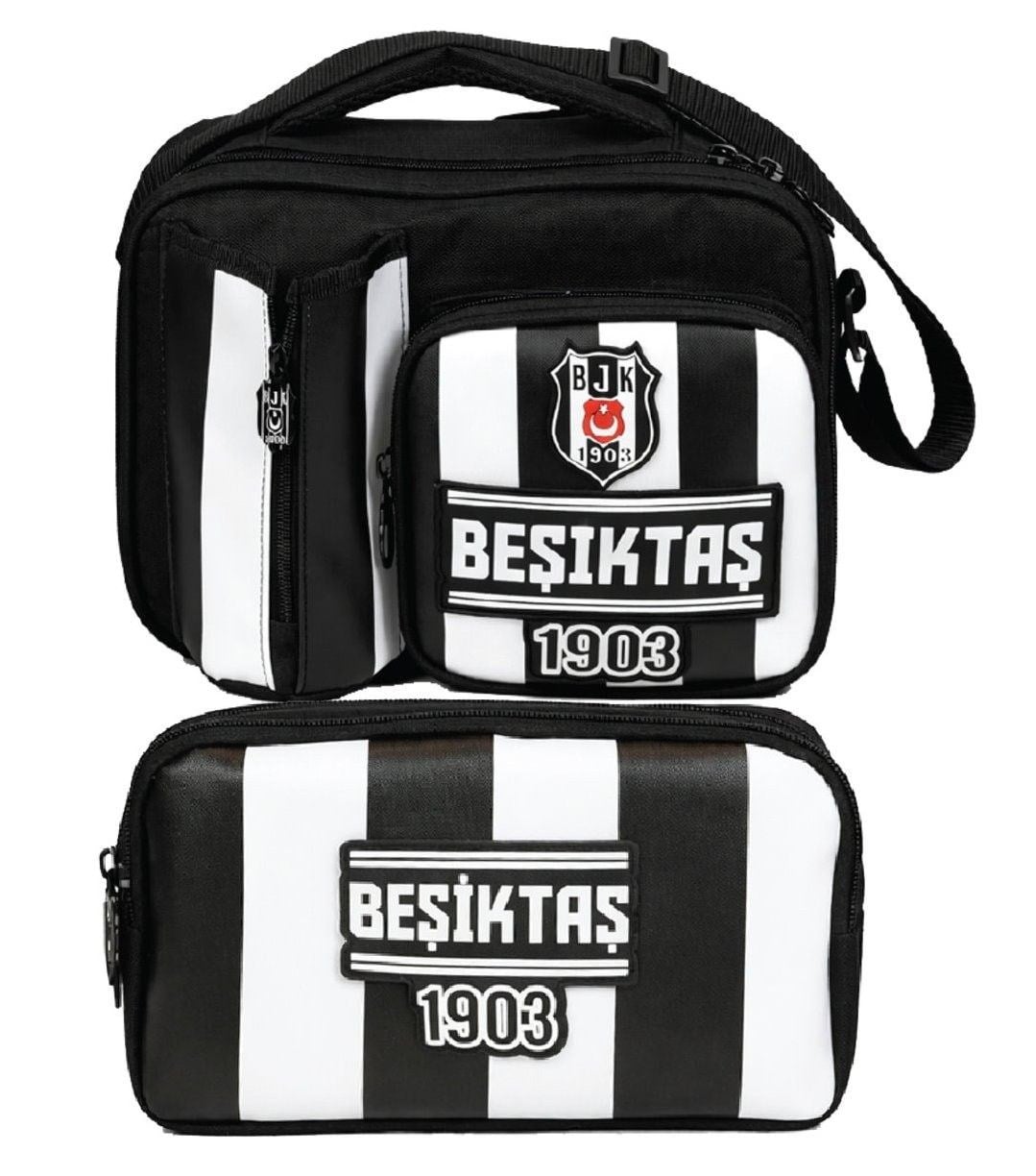 Beşiktaş Beşiktaş 1903 Baskılı Siyah - Beyaz Erkek Çocuk Okul Beslenme Çantası ve Kalemlik Seti - SETBJK26359