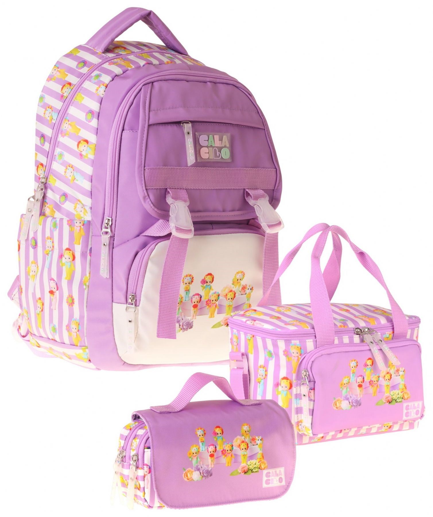 CalaCilo Flowers Baskılı Lila Kız Çocuk Üçlü İlkokul Okul Çantası Seti - SETCC-C4071A