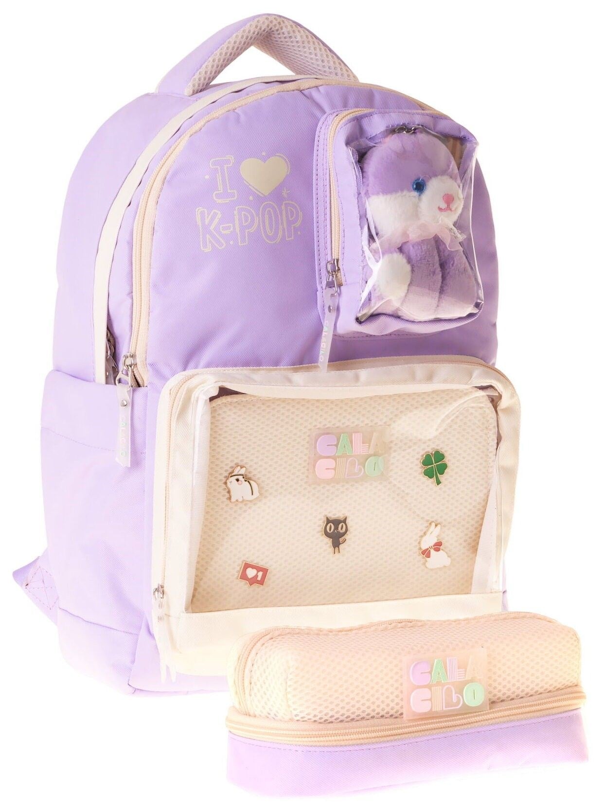 CalaCilo K Pop Lilac Kız Çocuk K-Pop Lilac Peluş Ayı Aksesuarlı Okul Sırt Çantası ve Kalemlik Seti - SETCC-C4104C