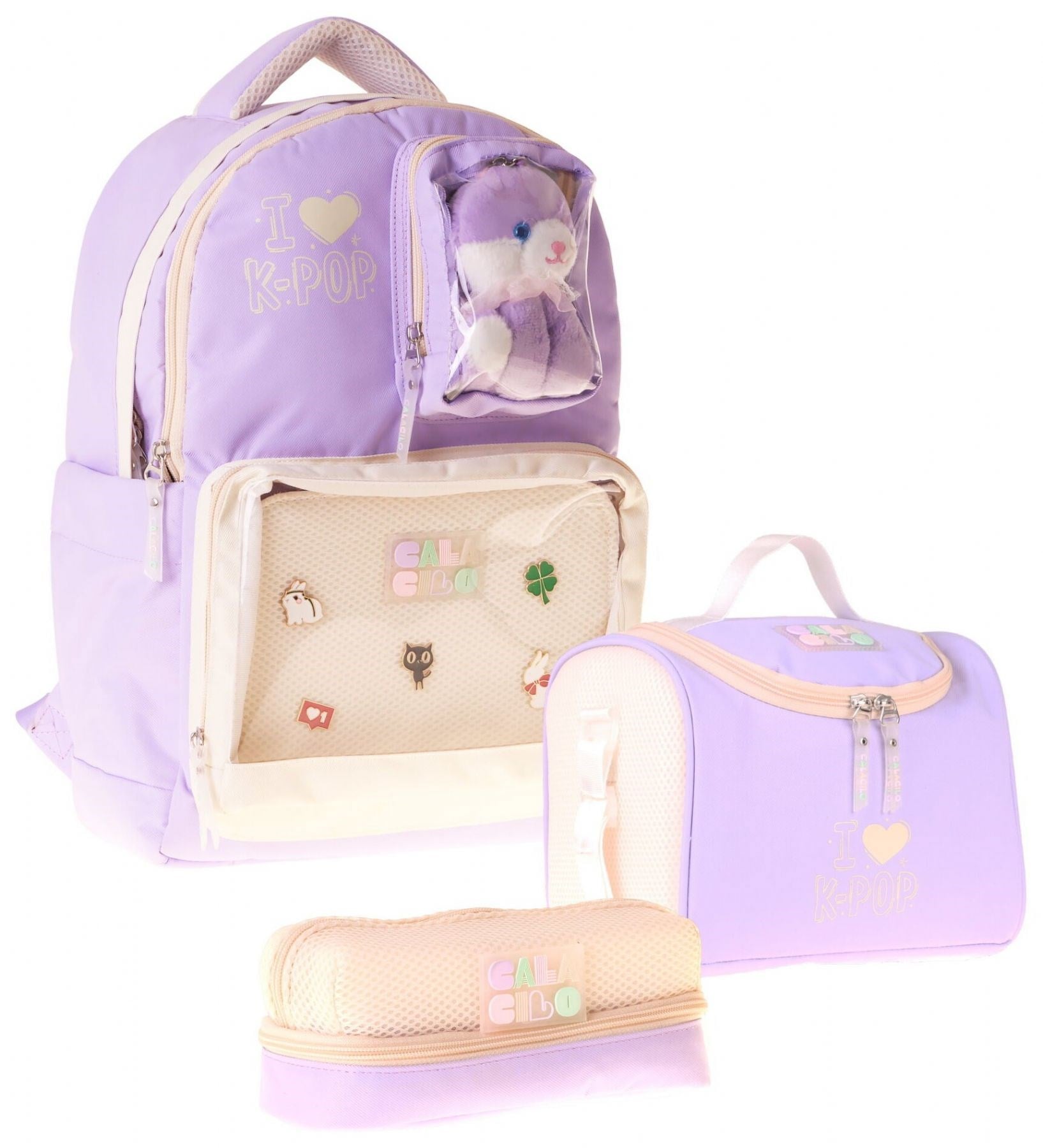 CalaCilo K-Pop Lilac Peluş Ayı Aksesuarlı Lila Kız Çocuk Üçlü İlkokul Okul Çantası Seti - SETCC-C4104A