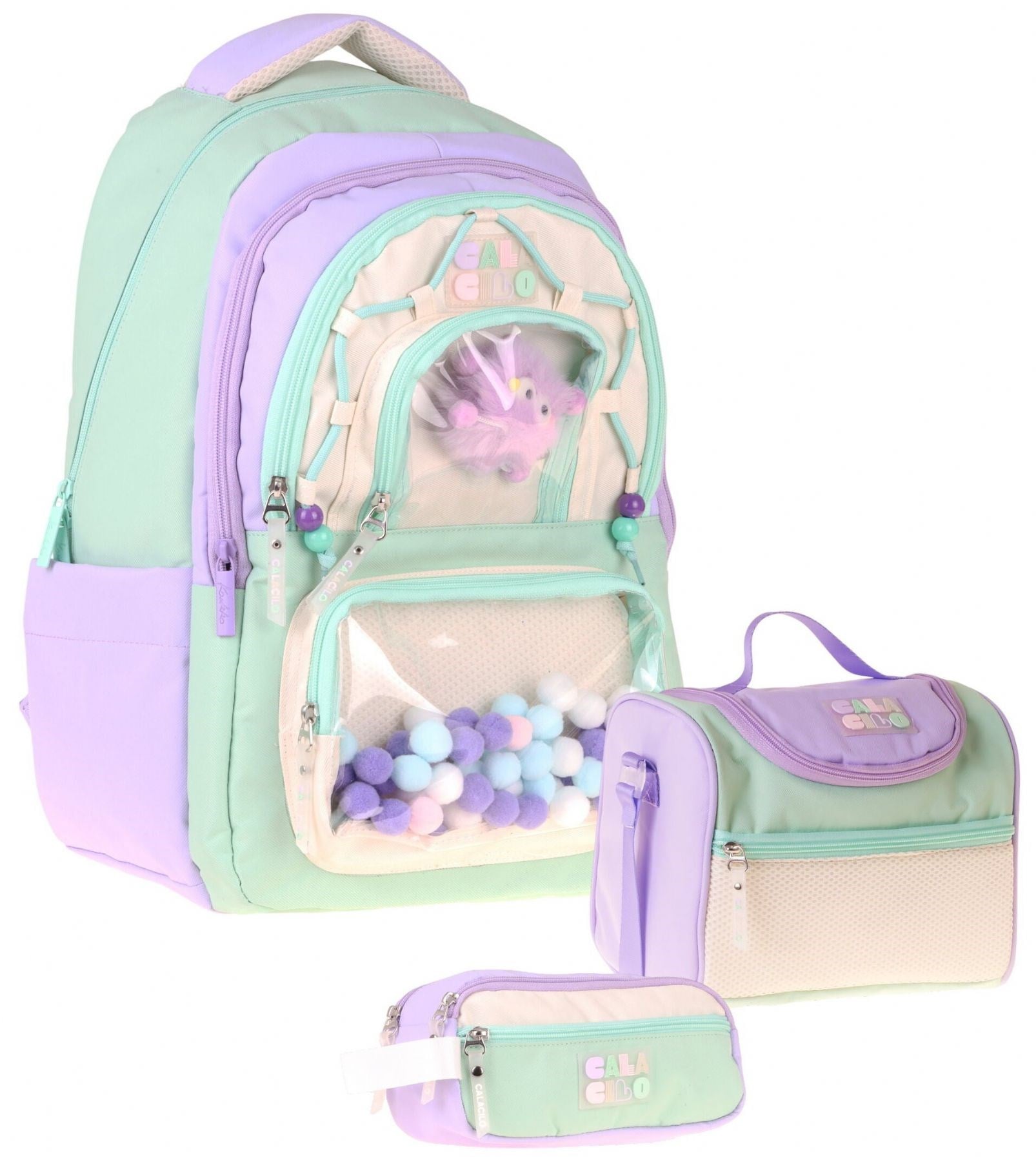 CalaCilo Rainbow Lila Yeşil Renkli Lila - Yeşil Kız Çocuk Üçlü İlkokul Okul Çantası Seti - SETCC-C4089A