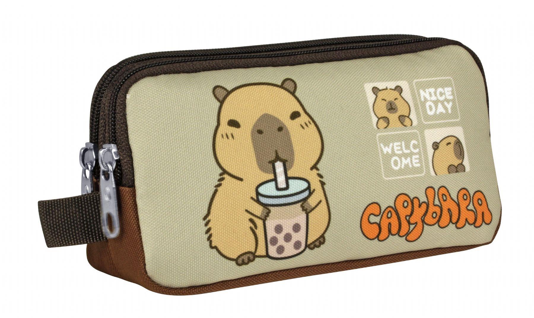 Capybara Erkek Çocuk İki Bölmeli Kalem Çantası - Kahverengi - Bej - 5202