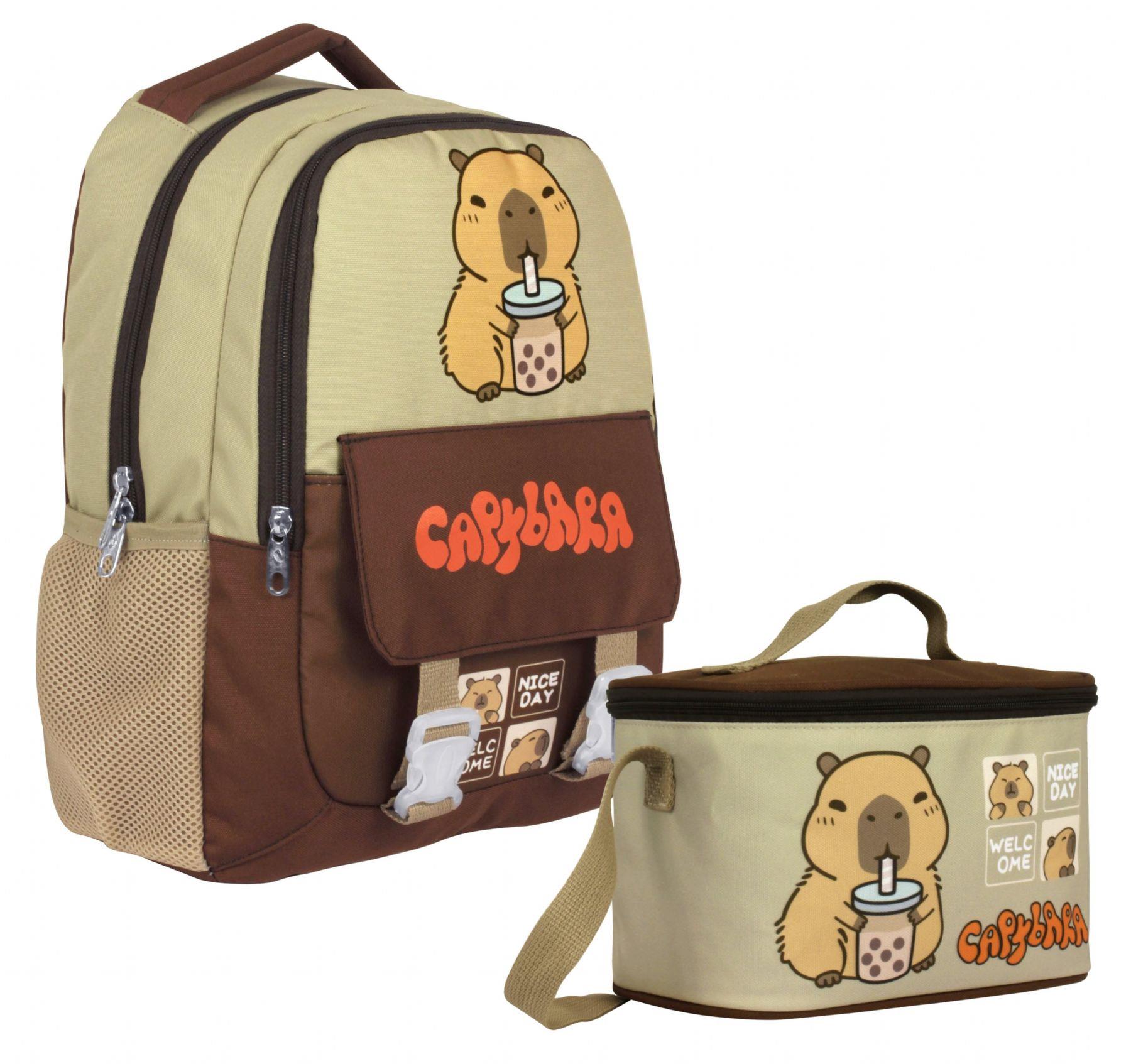Capybara Erkek Çocuk Okul Sırt Çantası ve Beslenme Çantası Seti - Kahverengi - Bej - SETCPB5200B