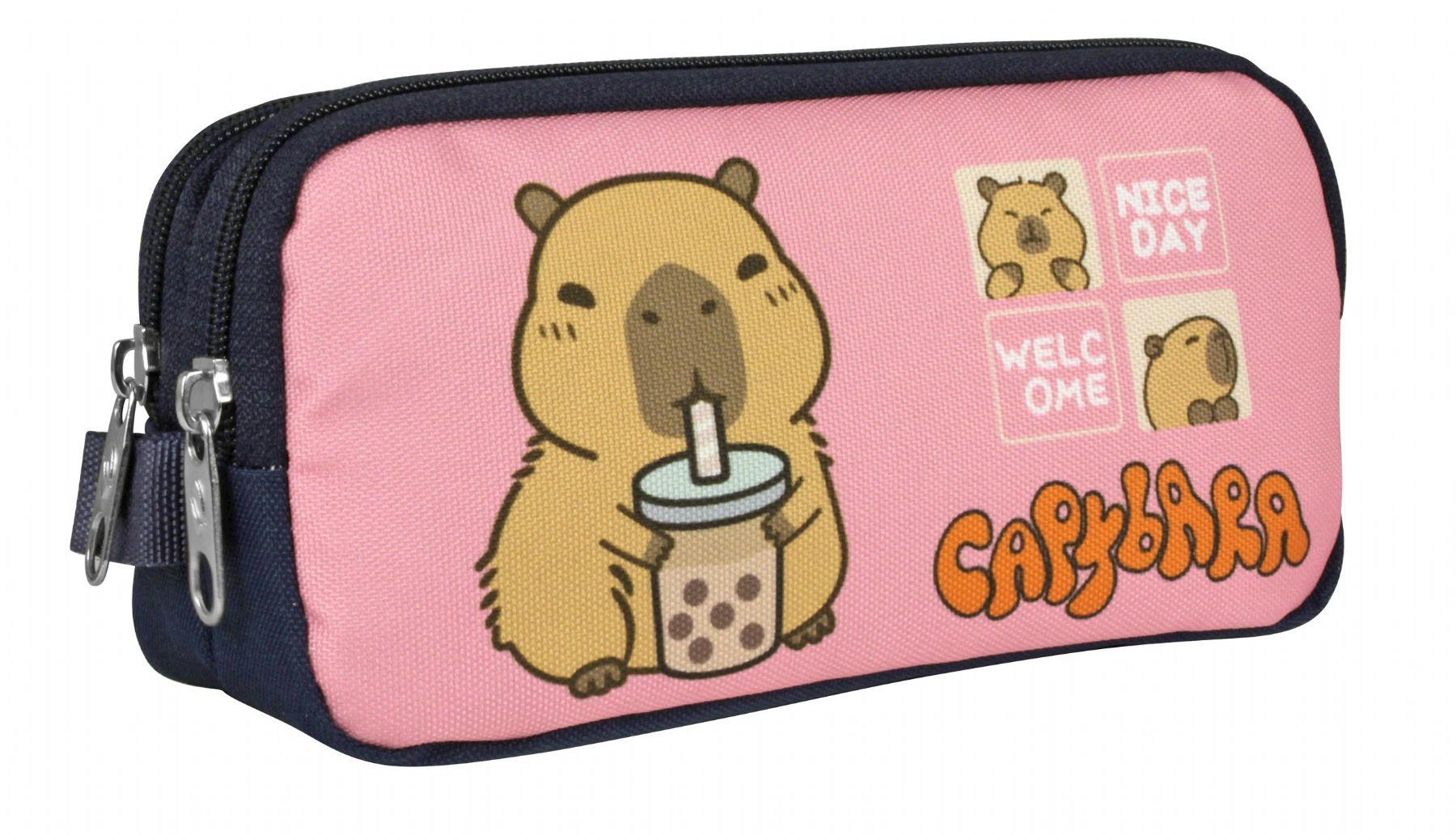 Capybara Kız Çocuk İki Bölmeli Kalem Çantası - Lacivert - Pembe - 5205