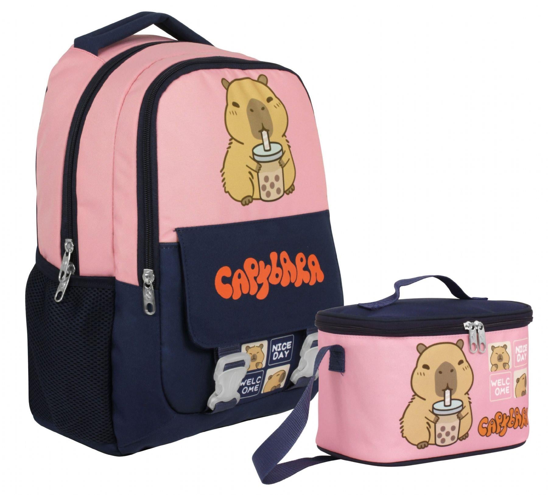 Capybara Kız Çocuk Okul Sırt Çantası ve Beslenme Çantası Seti - Lacivert - Pembe - SETCPB5203B