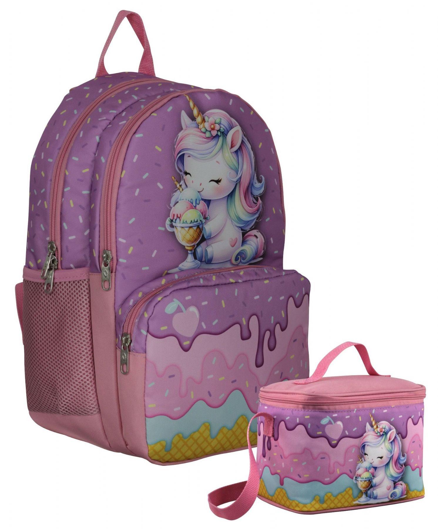 Cennec Dondurma Yiyen Unicorn Desenli Kız Çocuk Mor Pembe İkili Çanta ve Beslenme Seti - SETUMT5003B