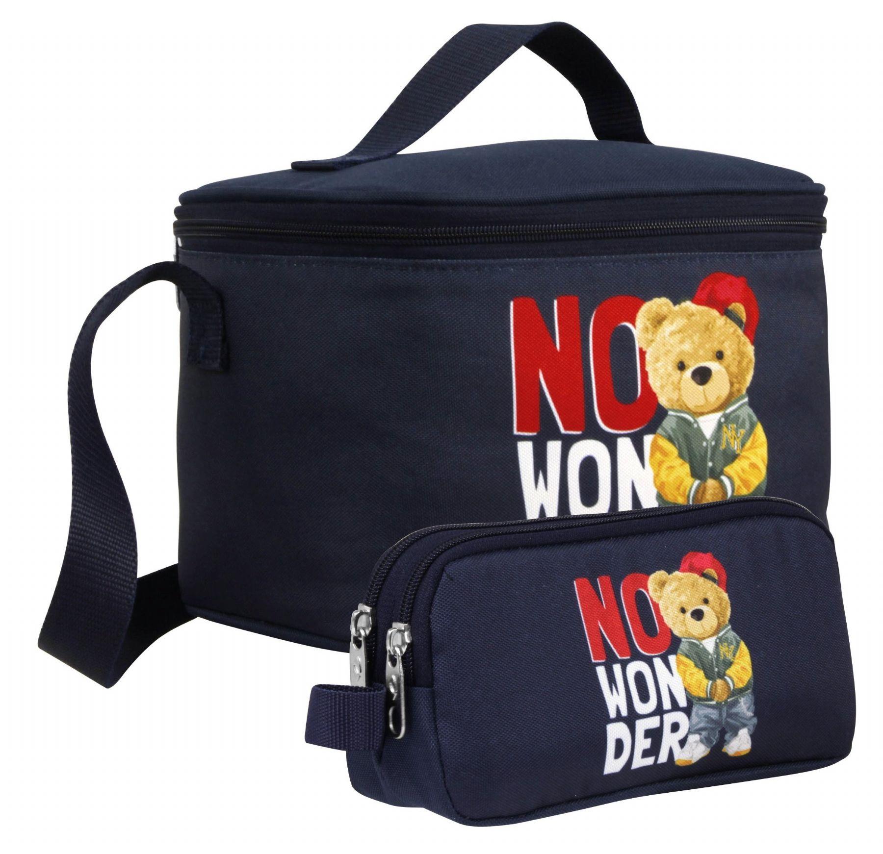 Cennec Erkek Çocuk Hiphop Ayıcık Desenli Lacivert Beyaz Beslenme Çantası ve Kalemlik Seti