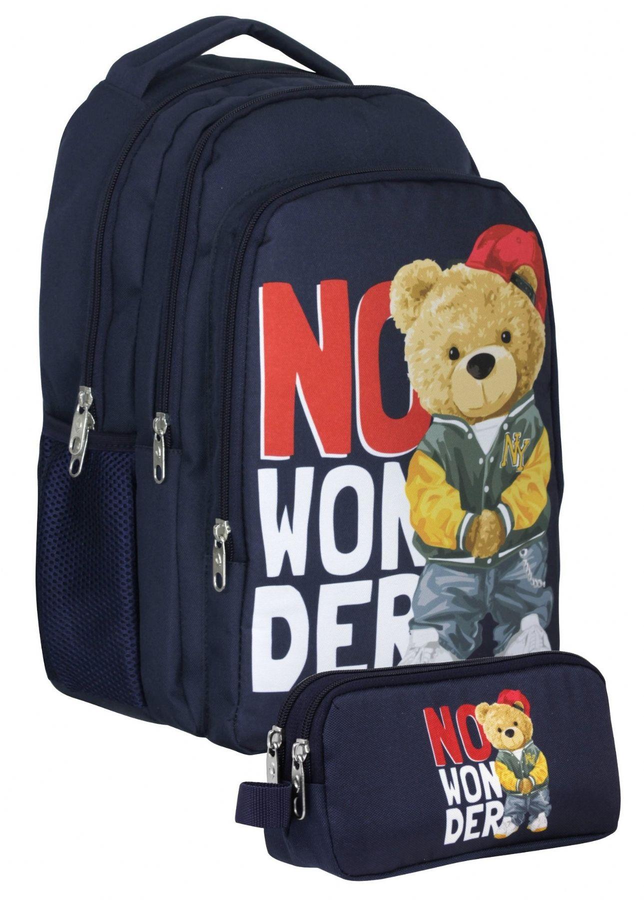 Cennec Lacivert Beyaz Hiphop Ayıcık Baskılı Erkek Çocuk Çanta Seti (Sırt Çantası+Kalemlik) - SETUMT5033C