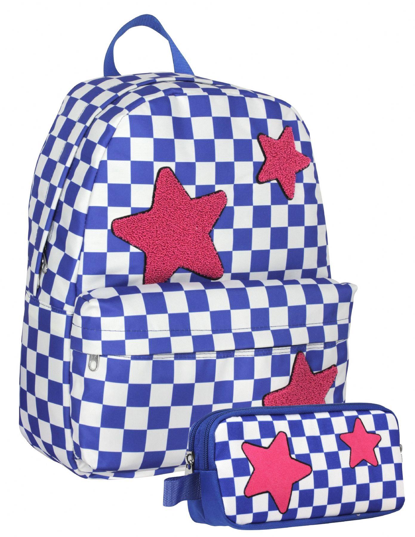 Cennec (Mavi Kırmızı - Nakışlı Yıldız Baskılı - Kız Çocuk) Okul Sırt Çantası ve Kalem Çantası Seti - SETUMT5086C