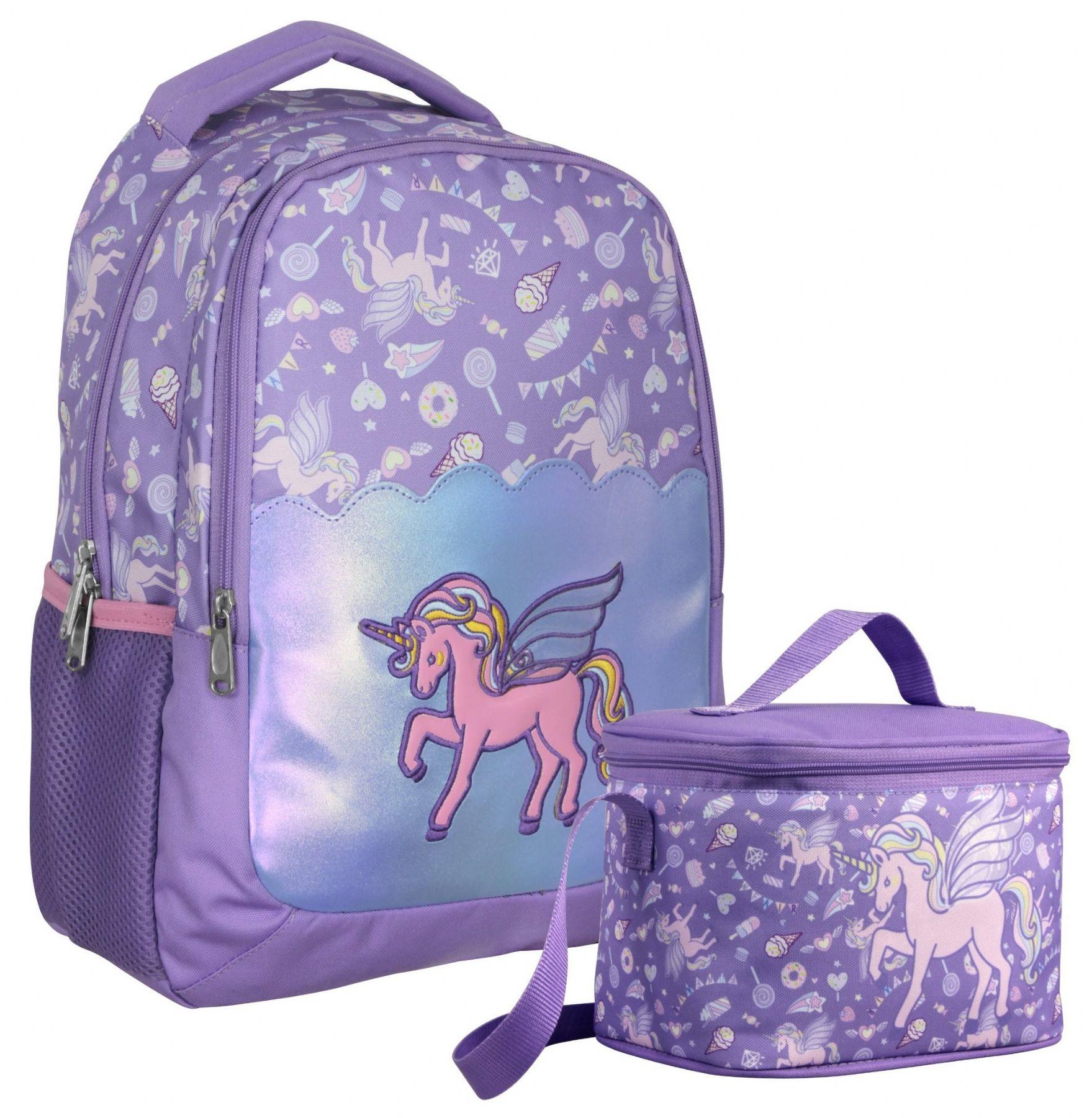 Cennec Nakışlı Unicorn Pegasus Desenli Kız Çocuk Lila İkili Çanta ve Beslenme Seti - SETUMT5027B