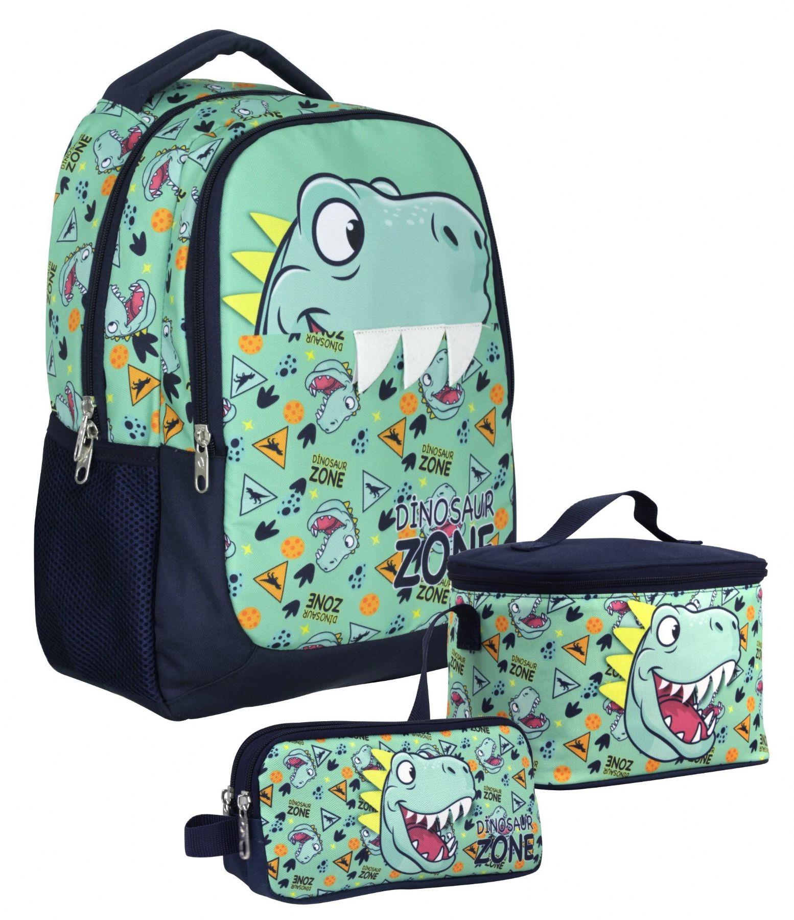 Cennec SETUMT5018A Üçlü İlkokul Çanta Seti (Yeşil Lacivert - Dinazor - Erkek Çocuk - Dinazor Diş Detayı)