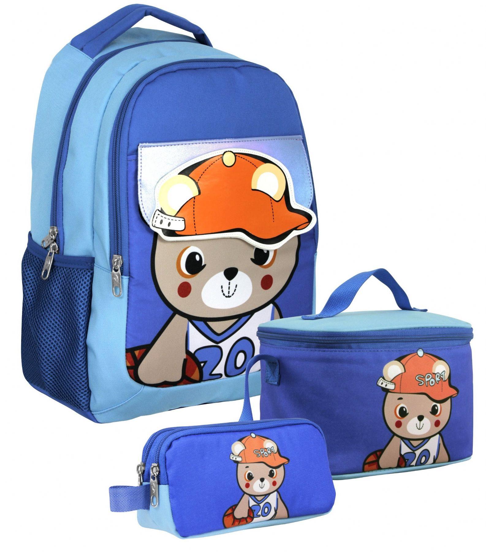 Cennec SETUMT5021A Üçlü İlkokul Çanta Seti (Mavi - Şapkalı Ayıcık - Erkek Çocuk - Şapka Detaylı Bölme)