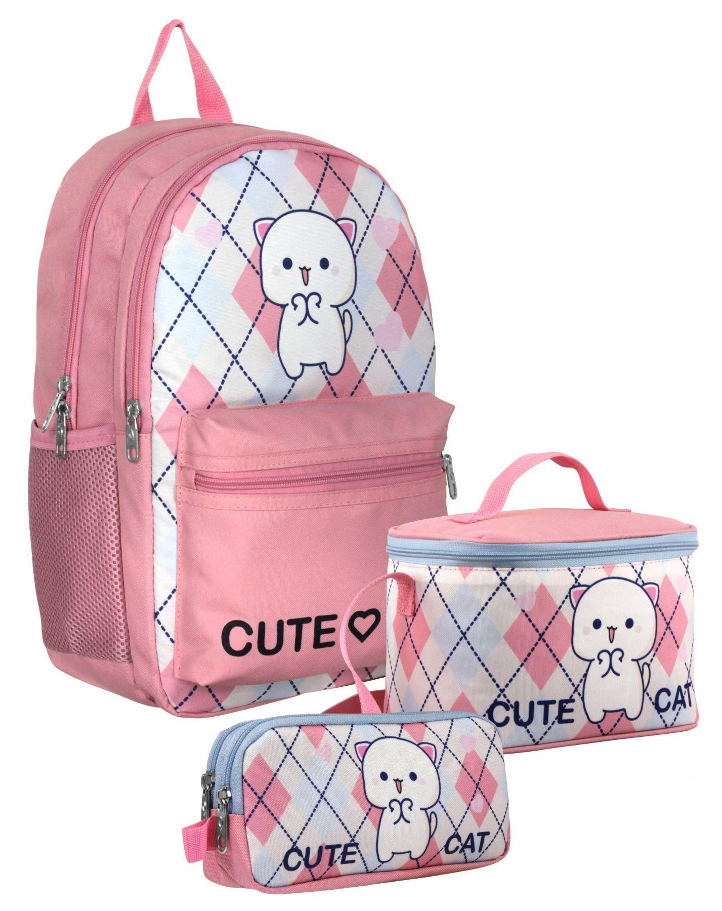 Cennec SETUMT5024A Üçlü İlkokul Çanta Seti (Beyaz Pembe - Love Cute Cat - Kız Çocuk)