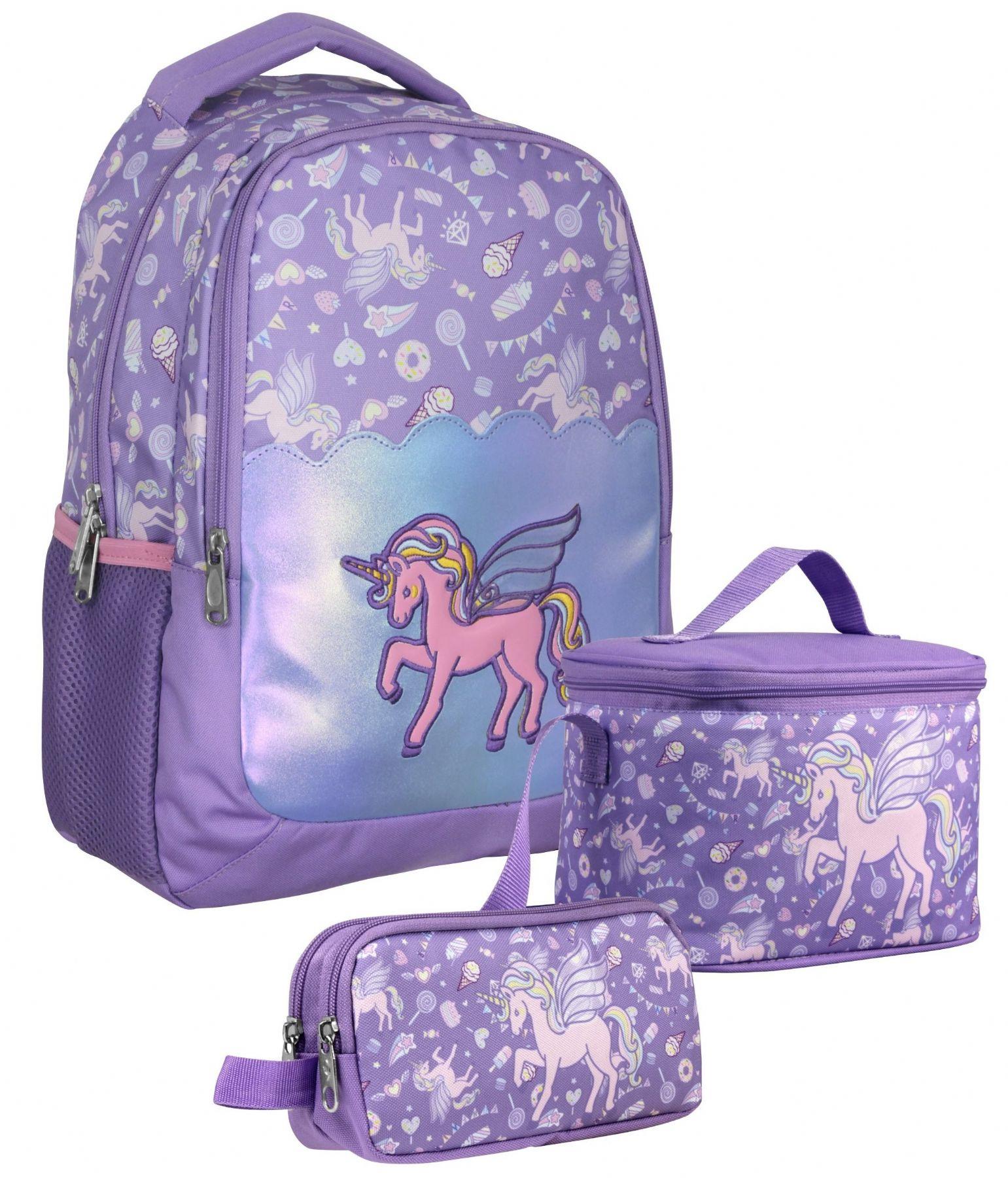 Cennec SETUMT5027A Üçlü İlkokul Çanta Seti (Lila - Nakışlı Unicorn Pegasus - Kız Çocuk - Parlak Kumaş)