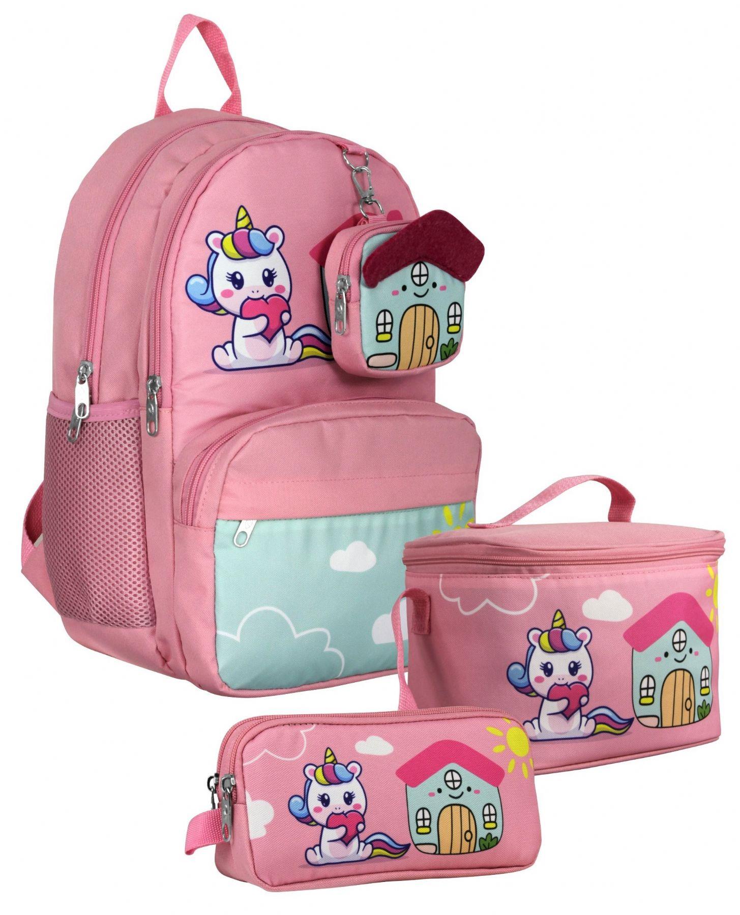 Cennec SETUMT5051A Üçlü İlkokul Çanta Seti (Pembe Yeşil - Unicorn - Kız Çocuk - Sevimli Anahtarlık Dahil)