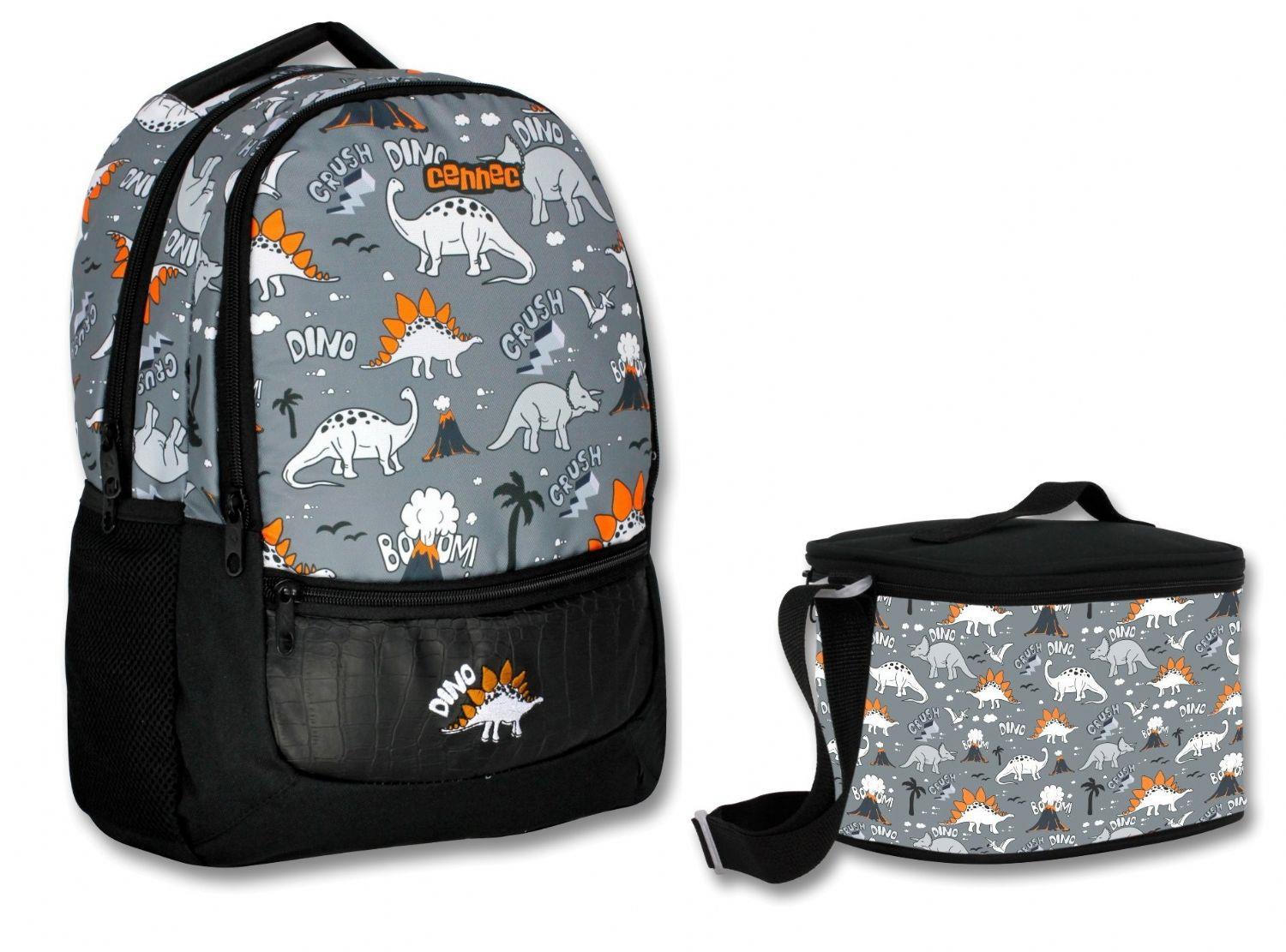 Cennec Siyah Gri Dinazor İlkokul Sırt Çantası ve Beslenme Seti