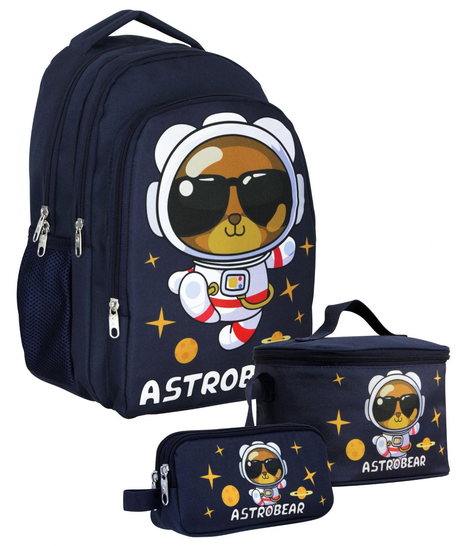 Cennec Üç Bölmeli Erkek Çocuk Astronot Ayıcık Üçlü Okul Çanta Seti - Lacivert Beyaz - SETUMT5045A
