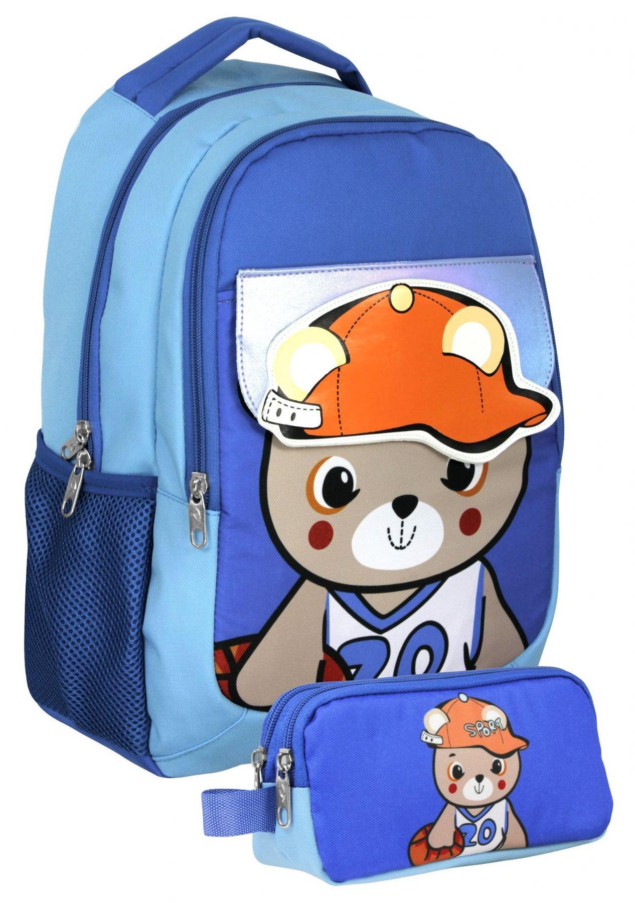 Cennec UMT5021+UMT5023 Sırt Çantası ve Kalemlik Seti (Mavi - Şapkalı Ayıcık - Erkek Çocuk)