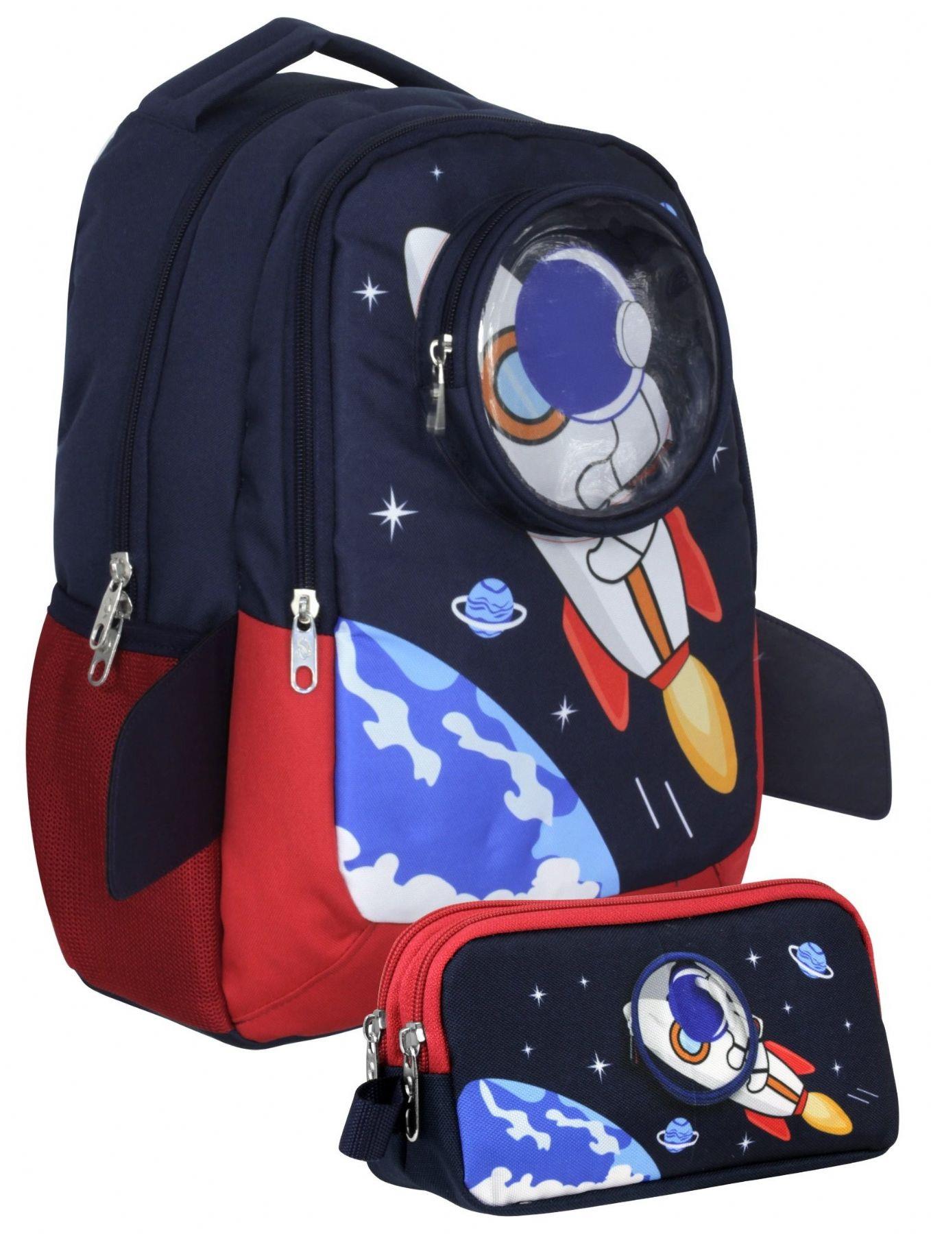 Cennec UMT5042+UMT5044 Sırt Çantası ve Kalemlik Seti (Lacivert Kırmızı - 3D Astronot - Erkek Çocuk)