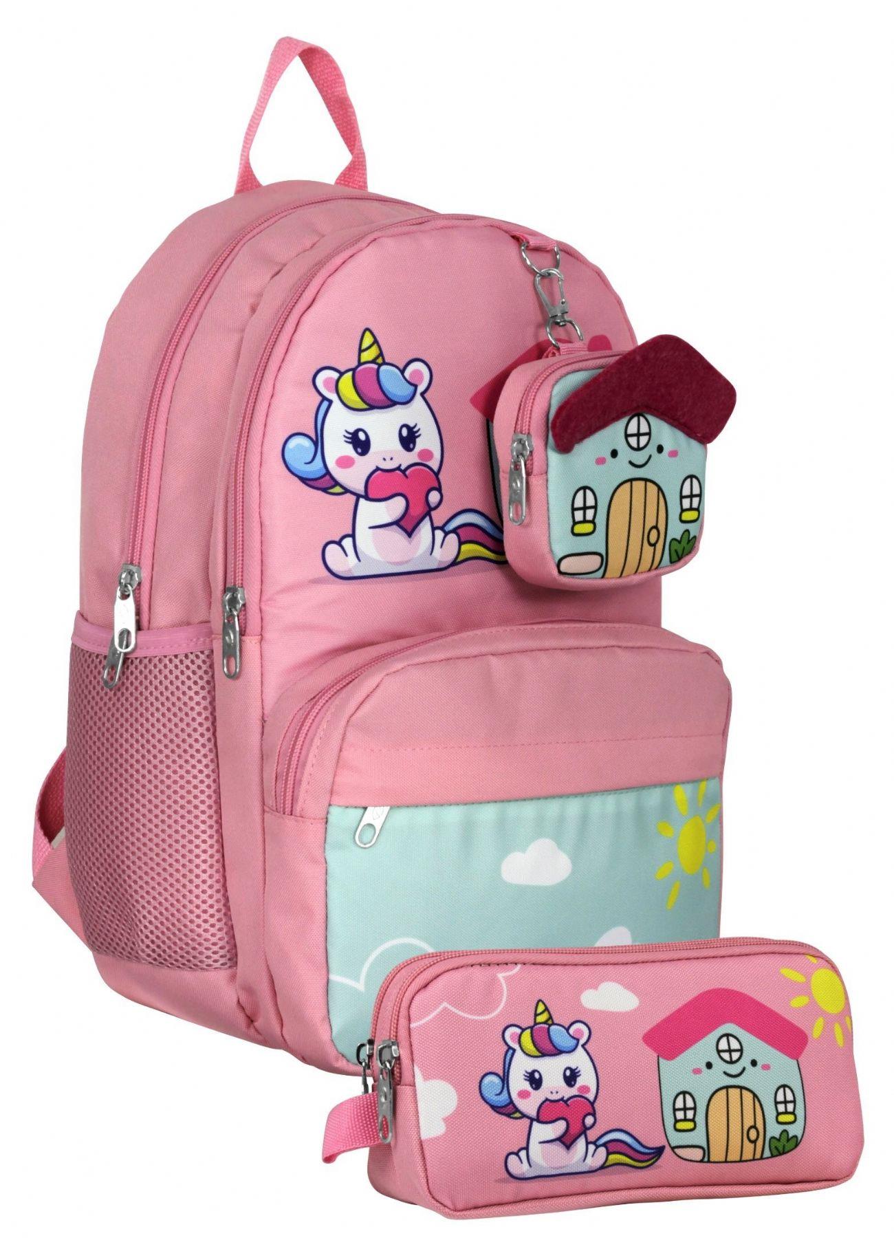 Cennec UMT5051+UMT5053 Sırt Çantası ve Kalemlik Seti (Pembe Yeşil - Unicorn - Kız Çocuk)