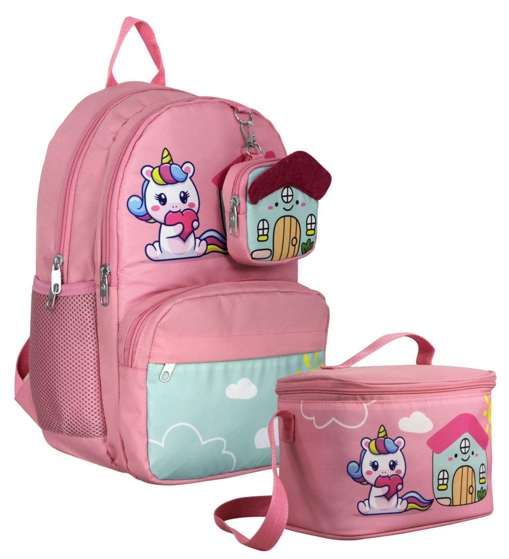 Cennec Unicorn Desenli Kız Çocuk Pembe Yeşil İkili Çanta ve Beslenme Seti - SETUMT5051B