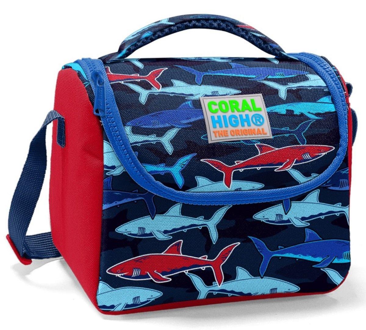 Coral High   Okul Beslenme Çantası - Isı Yalıtımlı Lacivert Kırmızı Köpekbalığı Baskılı