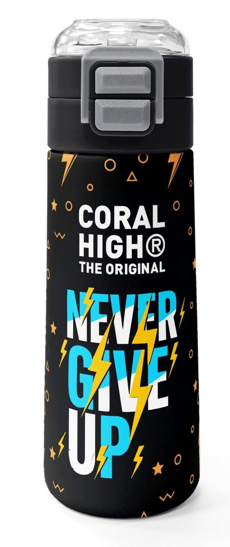Coral High 500 ml Erkek Çocuk Siyah Sarı Never Give Up Baskılı Çelik Termos Matara - Okul Suluğu