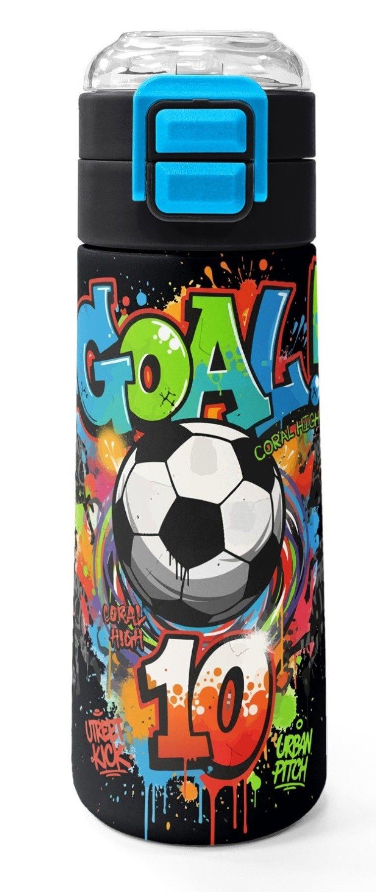 Coral High 500 ml Erkek Çocuk Siyah Yeşil Goal Baskılı Çelik Termos Matara - Okul Suluğu