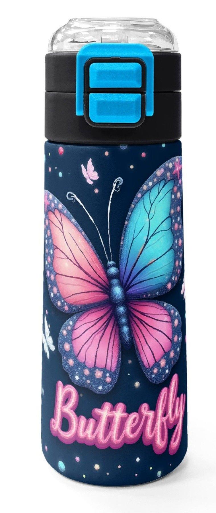 Coral High 500 ml Kız Çocuk Lacivert Pembe Kelebek Desenli Çelik Termos Matara - Okul Suluğu