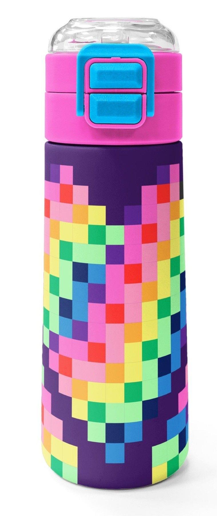 Coral High 500 ml Kız Çocuk Mor Piksel Kalp Desenli Çelik Termos Matara - Okul Suluğu