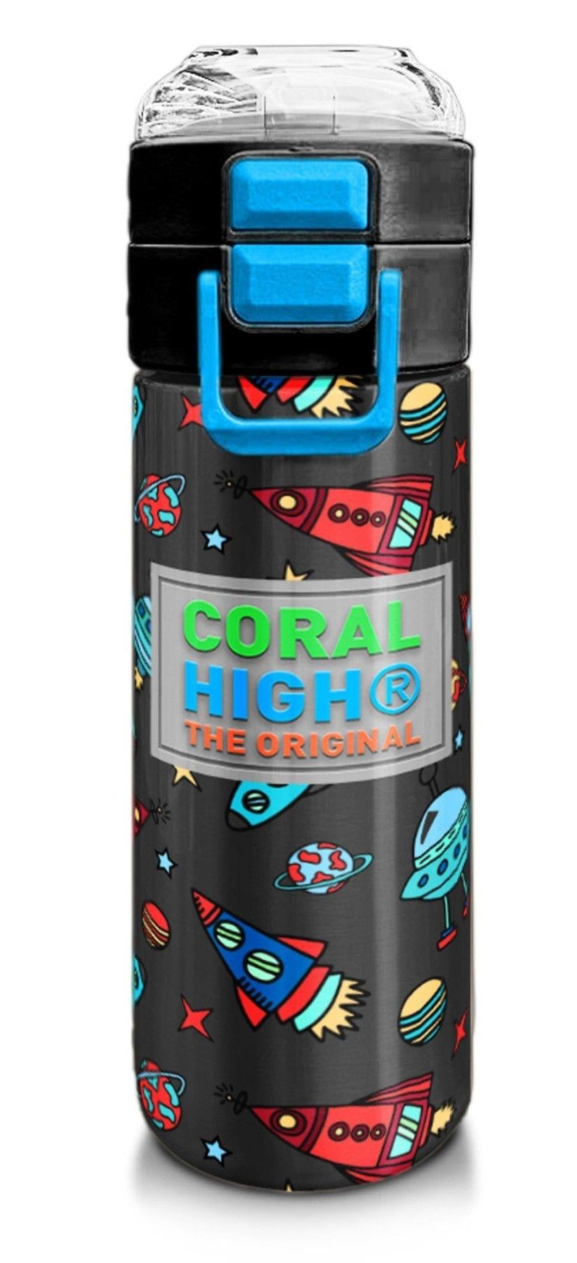 Coral High 500 ml Koyu Gri Kırmızı Uzay Desenli  - Erkek Çocuk Paslanmaz Çelik Okul Termosu/Suluk/Matara 31916