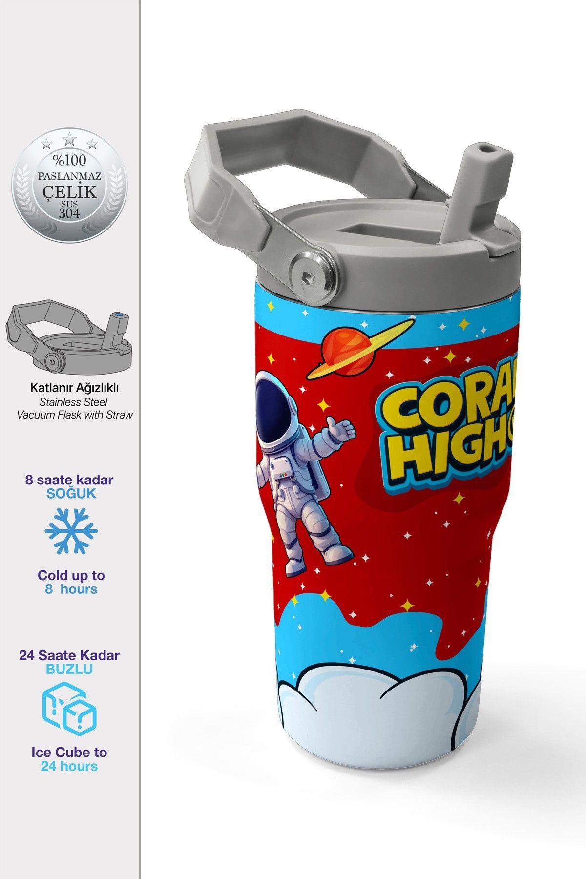 Coral High 600 ml Pipetli ve Kulplu Kırmızı Mavi Astronot Baskılı Erkek Çocuk Matara 38904