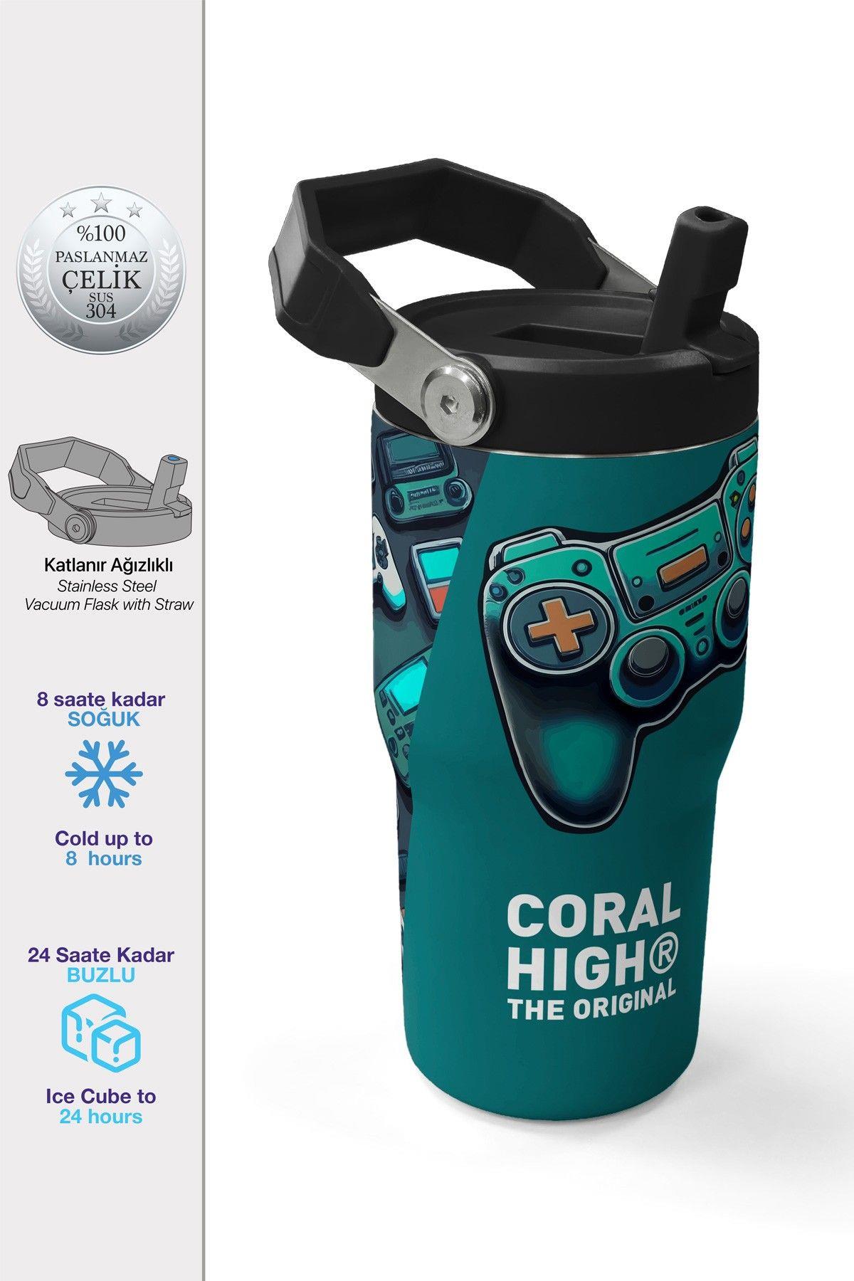 Coral High 600 ml Pipetli ve Kulplu Nefti Yeşil Oyun Konsolu Desenli Erkek Çocuk Matara 38924