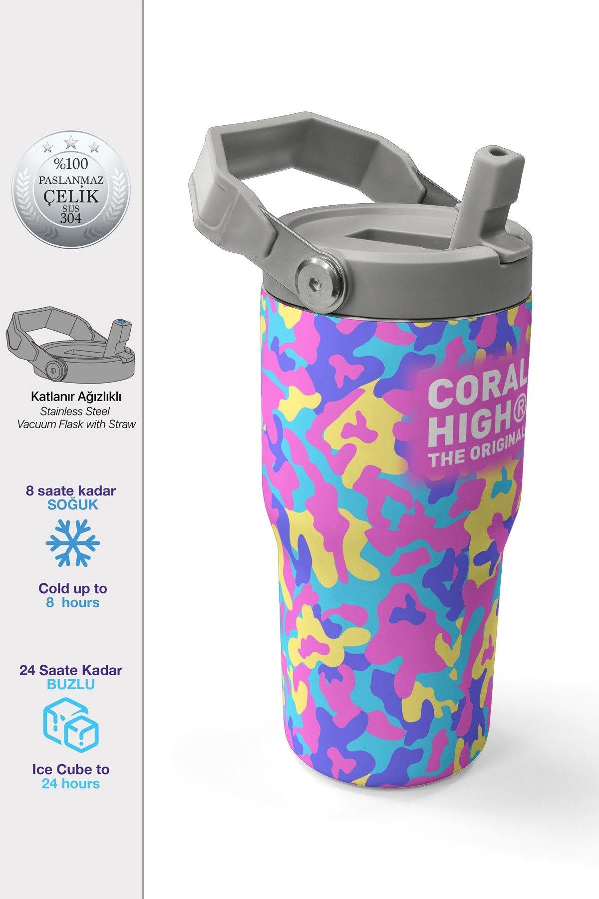 Coral High 600 ml Pipetli ve Kulplu Pembe Sarı Kamuflaj Kız Çocuk Matara 38901