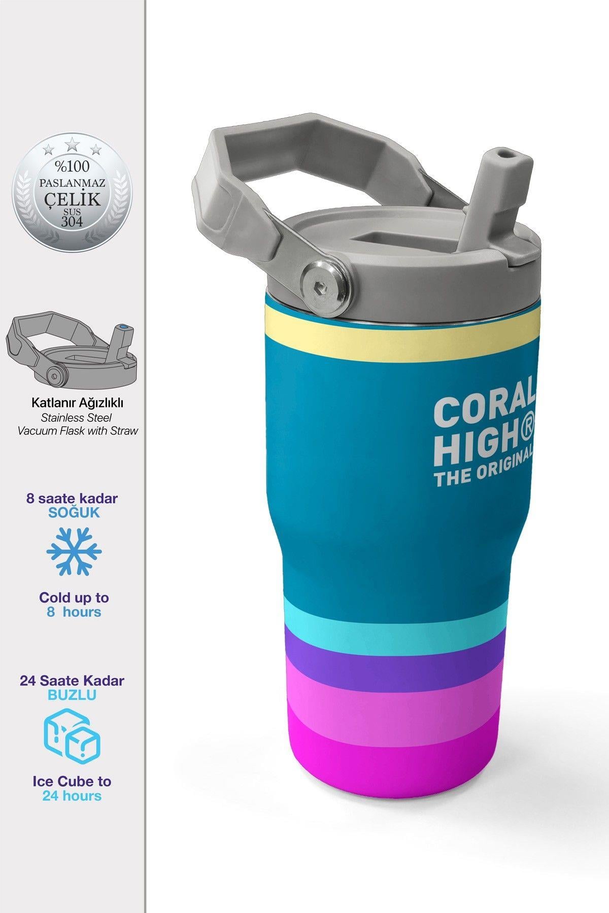 Coral High 600 ml Pipetli ve Kulplu Pembe Yeşil Sarı Çizgili Kız Çocuk Matara 38910