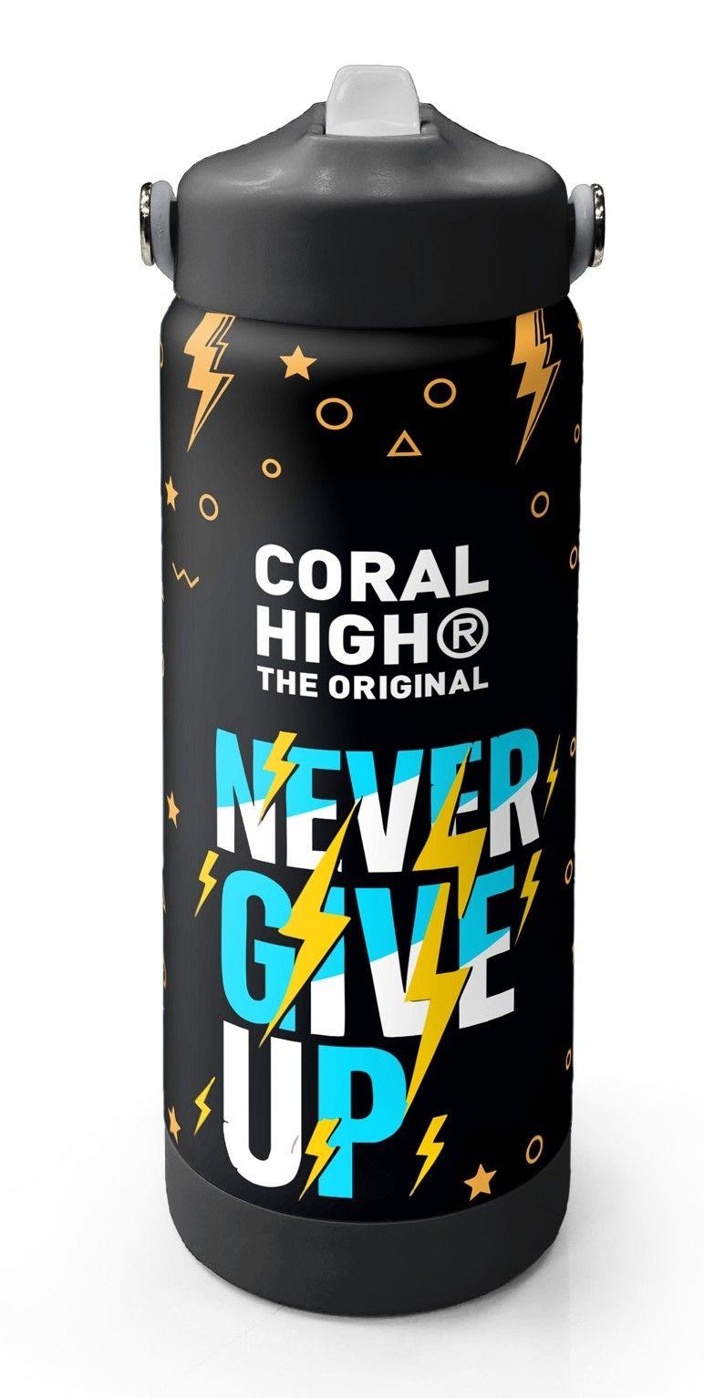 Coral High 650 ml Erkek Çocuk Siyah Sarı Never Give Up Baskılı Çelik Suluk/Matara (Pipetli) 38320