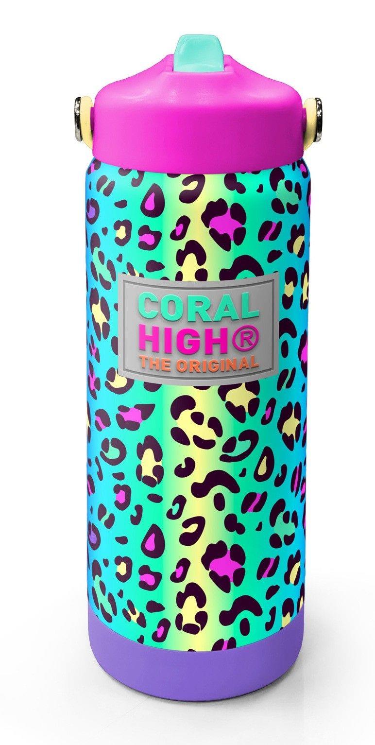 Coral High 650 ml Kız Çocuk Yeşil Mor Leopar Desenli Çelik Suluk/Matara (Pipetli) 38380