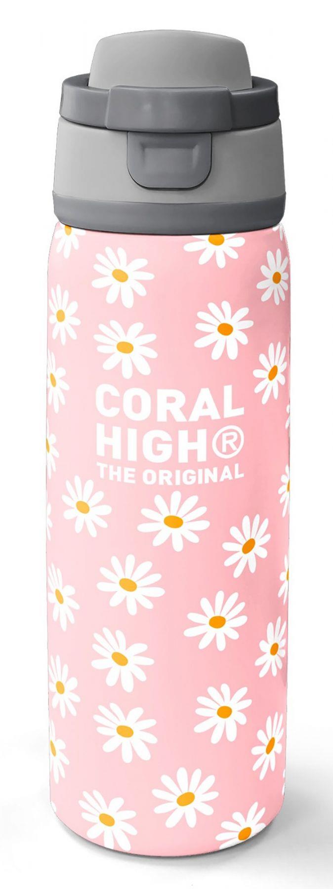 Coral High 800 ml Kız Çocuk Pembe Beyaz Papatya Desenli Pipetli ve Direkt İçim Çelik Termos/Matara - 38502
