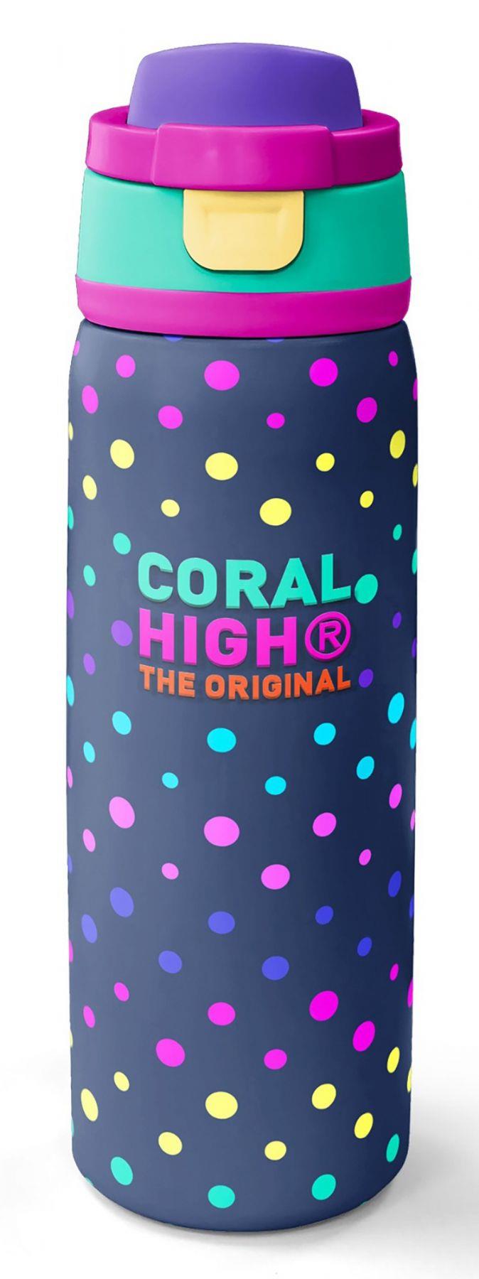 Coral High 800 ml Kız Çocuk Puantiyeli Lacivert Desenli Pipetli ve Direkt İçim Çelik Termos/Matara - 38534