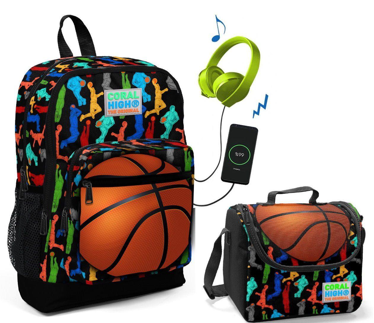 Coral High Basketbol Baskılı Okul Çantası ve Beslenme Çantası Seti - Erkek Çocuk - USB Soketli