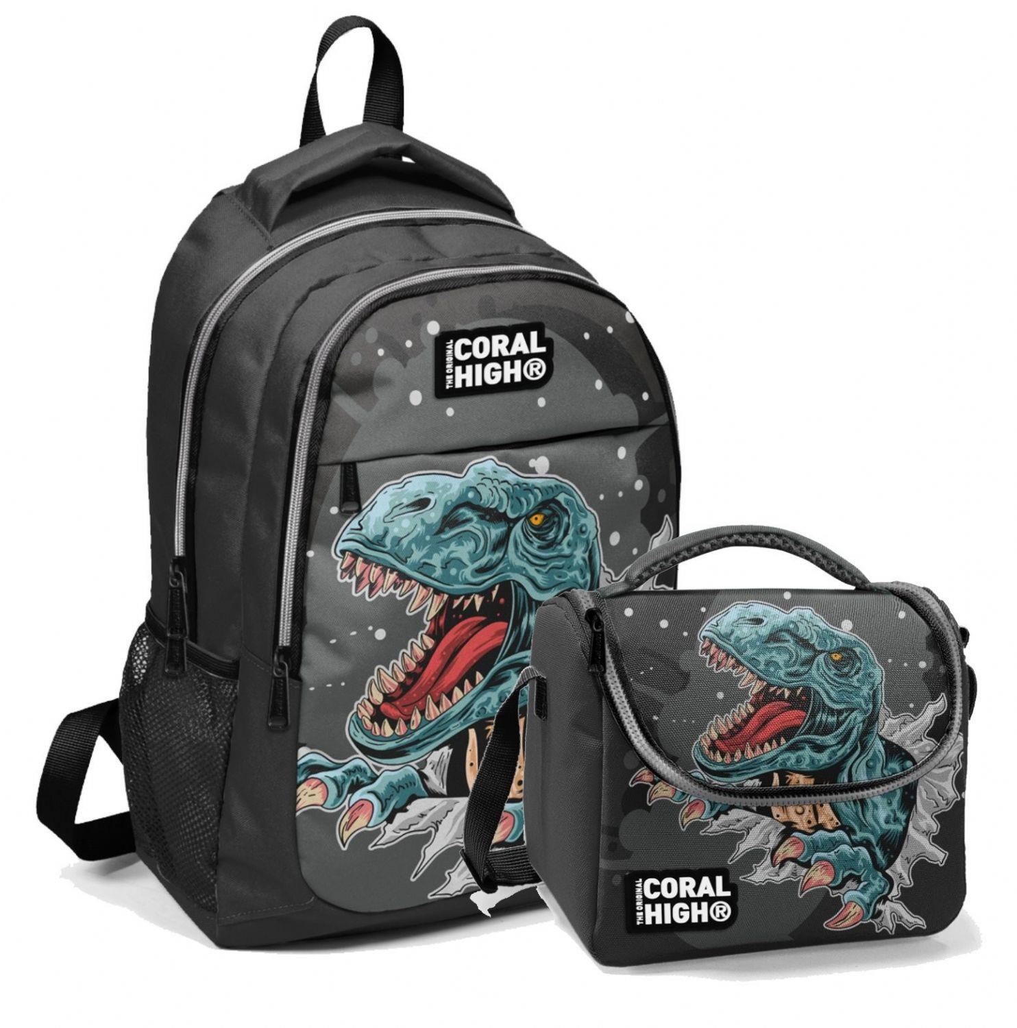 Coral High Baskılı Okul Sırt Çantası ve Beslenme Çantası Gri Dinazor - Erkek Çocuk