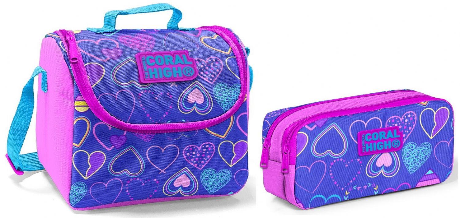 Coral High Beslenme Çantası ve Kalemlik Takım -Pembe - Mor - Kalp - Kız
