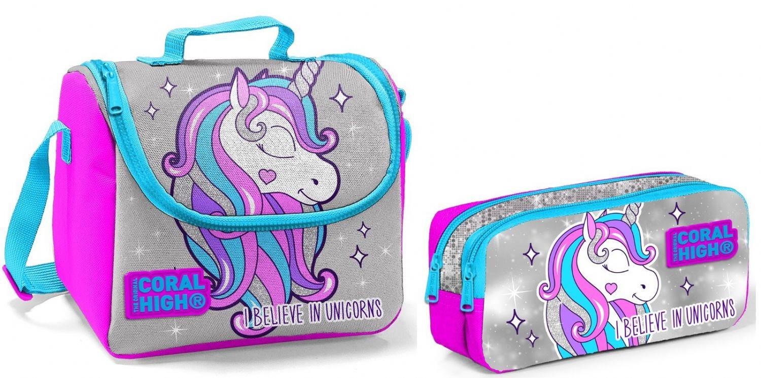 Coral High Beslenme Çantası ve Kalemlik Takım - Gri - Pembe - Unicorn - Kız Çocuk