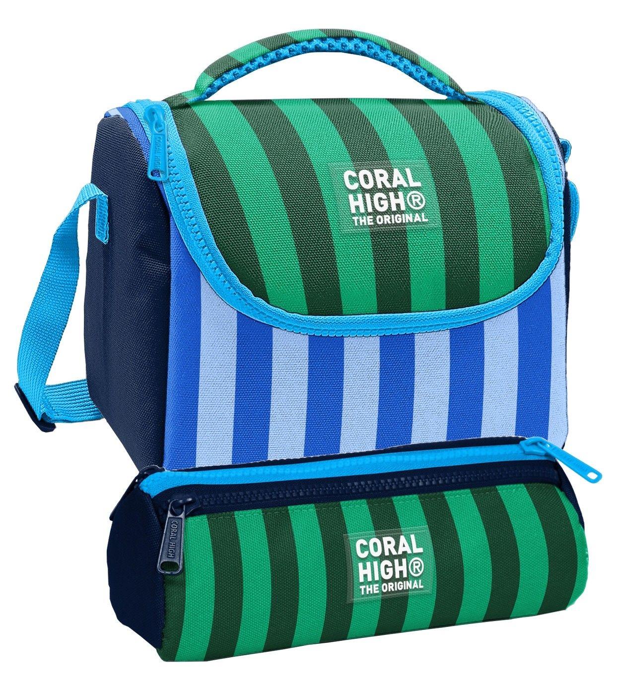 Coral High Beslenme Çantası ve Üç Gözlü Kalemlik Seti - Mavi Yeşil Çizgi Desenli Erkek Çocuk 37111