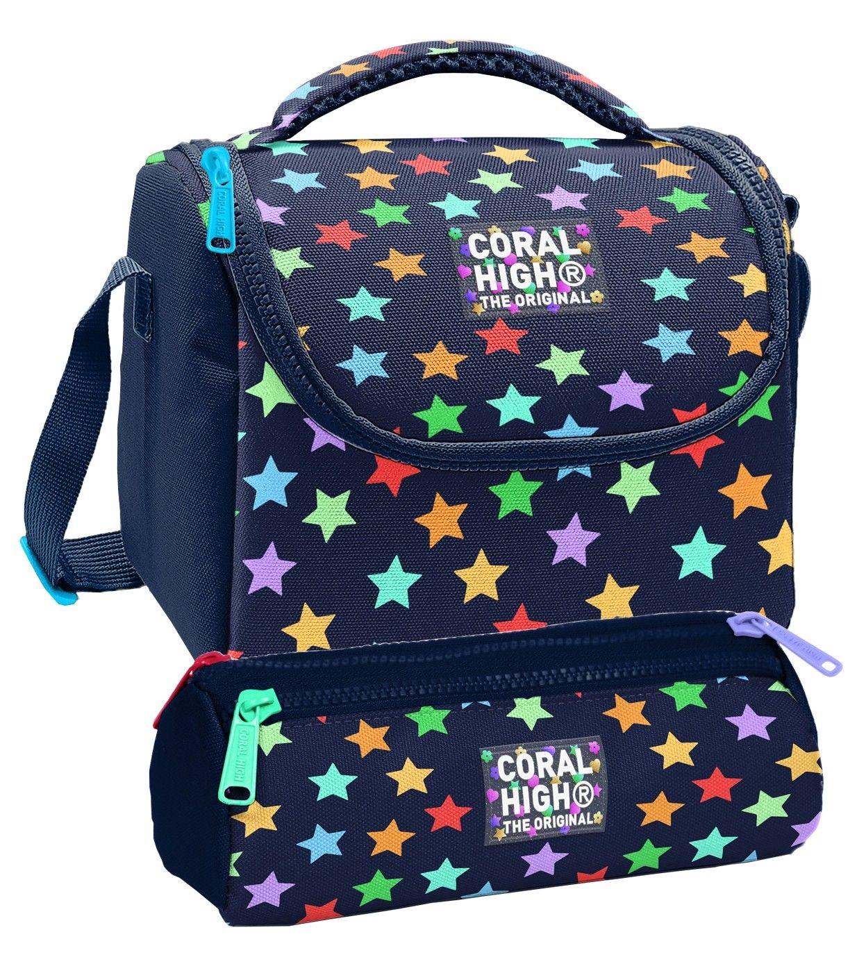 Coral High Beslenme Çantası ve Üç Gözlü Kalemlik Seti - Lacivert Yıldız Desenli Kız Çocuk 37109